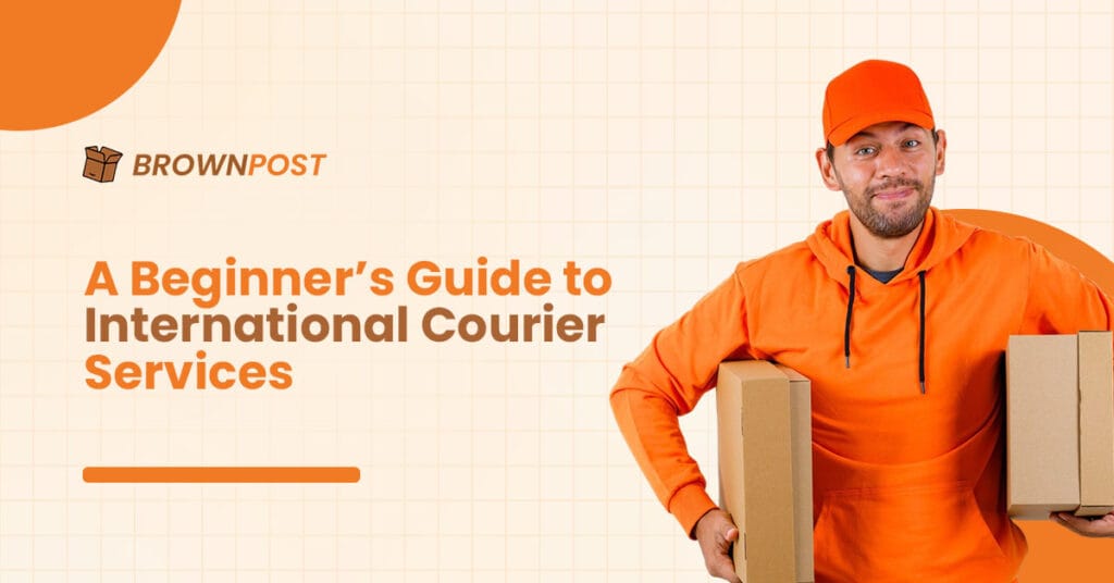 brown post agent collecting a parcel for international courier pickup from home
